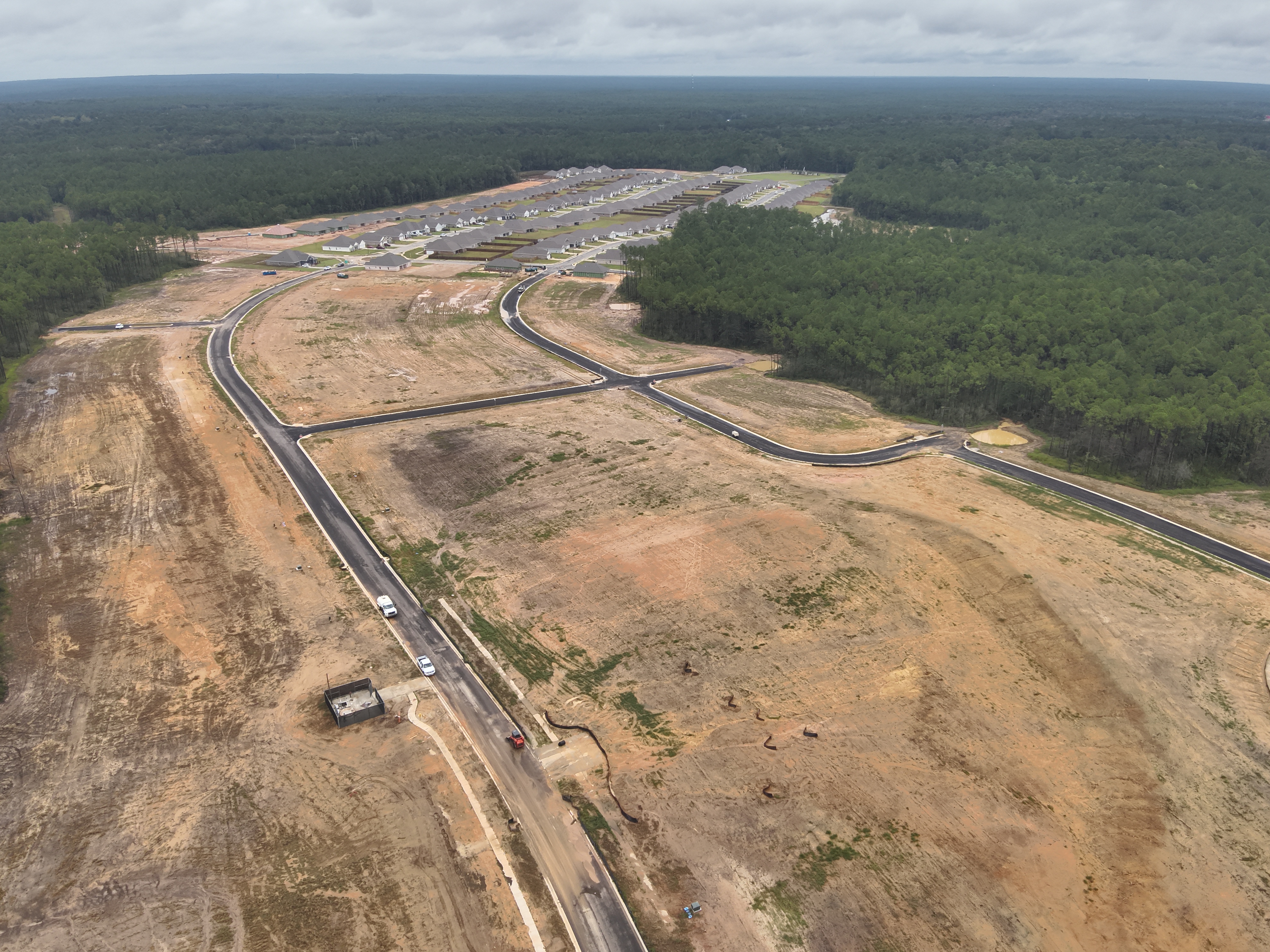 Drone photo of a developing neighborhood during a construction phase inspection