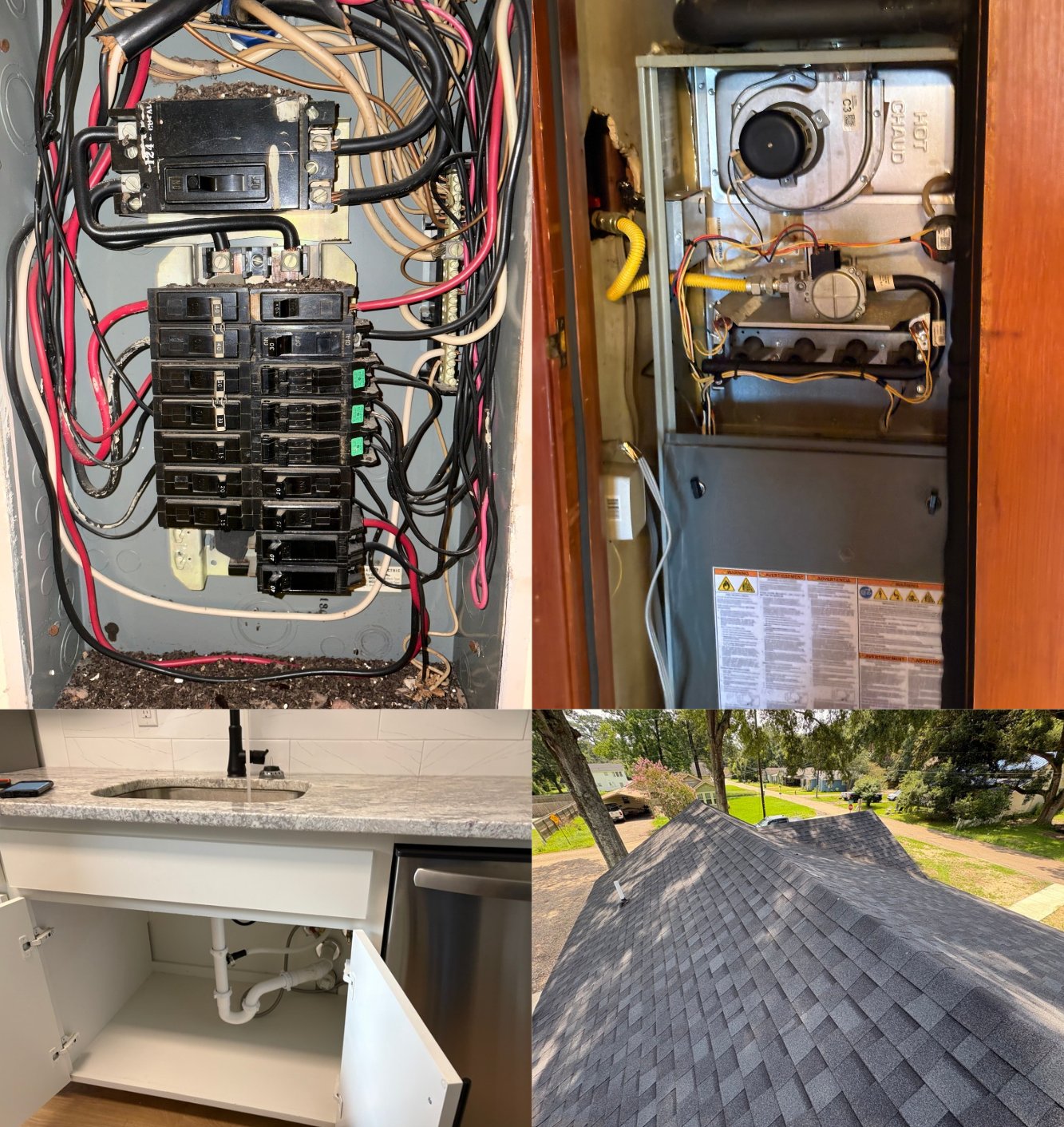 4-point insurance inspection photos from a Baton Rouge home: electrical panel, gas furnace, kitchen sink plumbing, and shingle roof